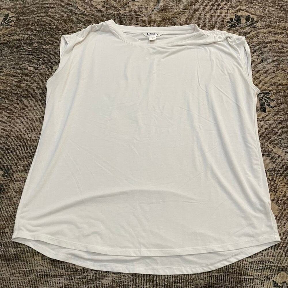 Athleta Womens L White Ruched Shoulder Cap Sleeve Top Soft Drapey Tunic